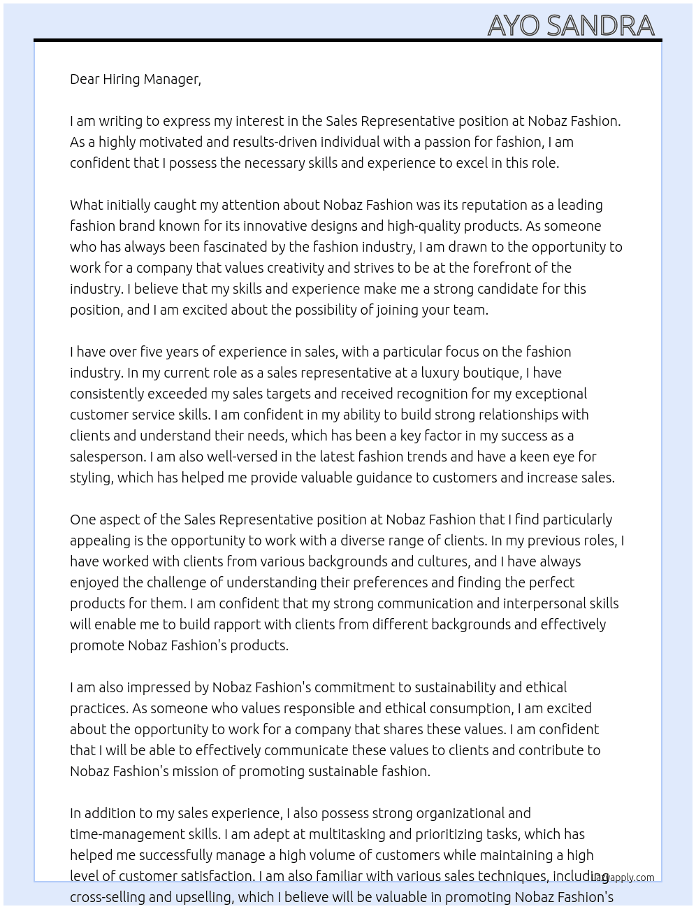 Sales Representative  At Nobaz Fashion Cover Letter