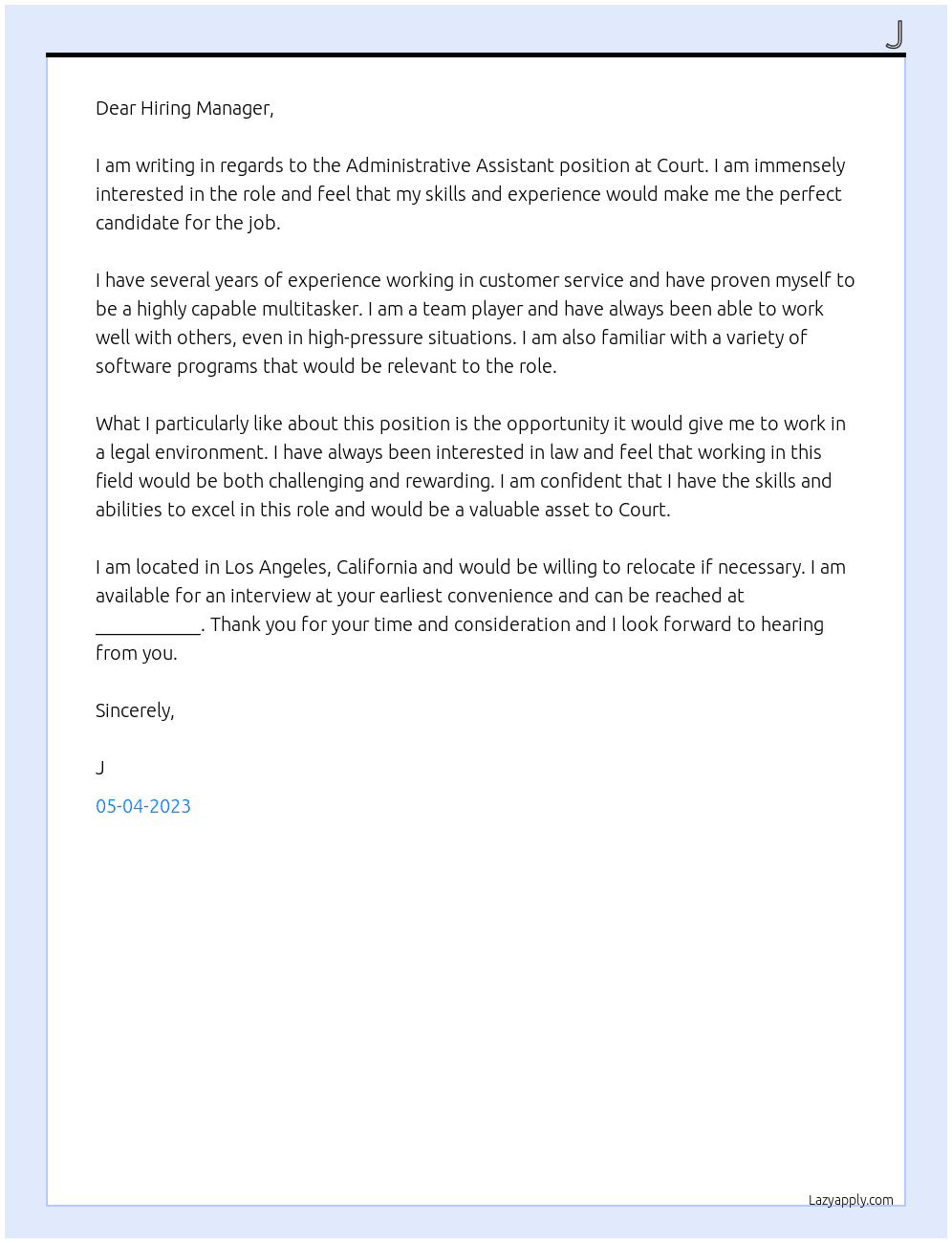 Administrative Assistant At Court Cover Letter