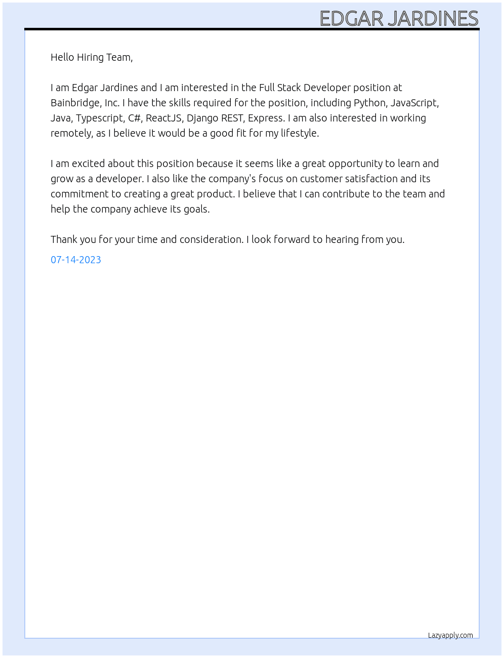Full Stack Developer At Bainbridge, Inc. Cover Letter