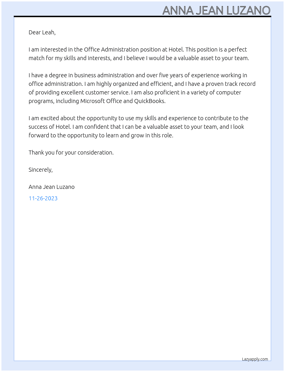 Office Administration  At Hotel  Cover Letter