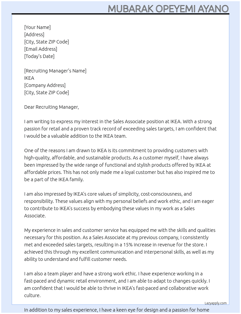 Sale associate At IKEA  Cover Letter