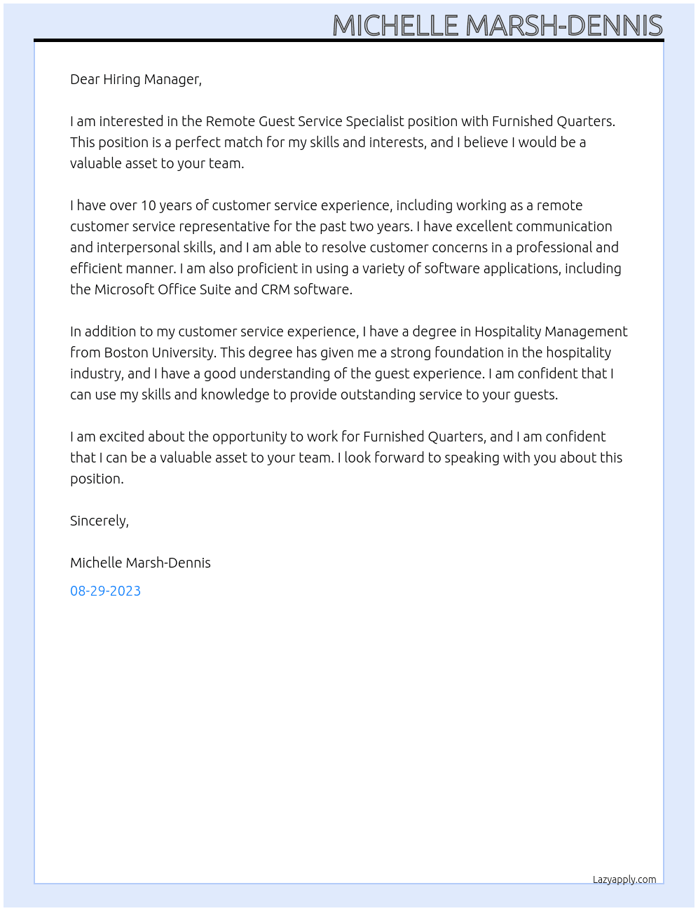 Remote Guest Service Specialist At Furnished Quarters Cover Letter