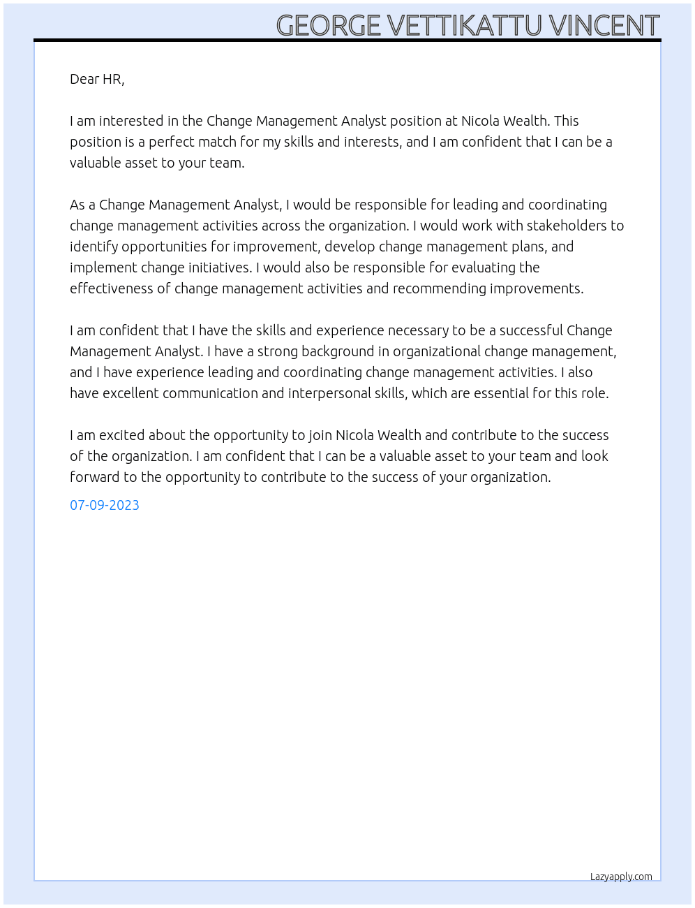 Change Management Analyst At Nicola Wealth Cover Letter