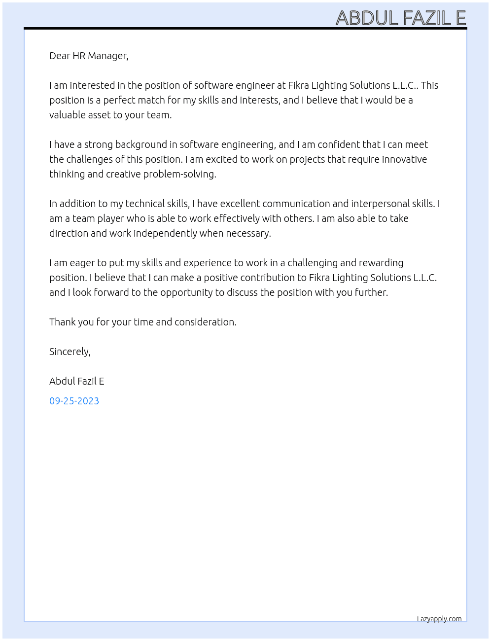 software engineer At FIKRA LIGHTING SOLUTIONS L.L.C. Cover Letter