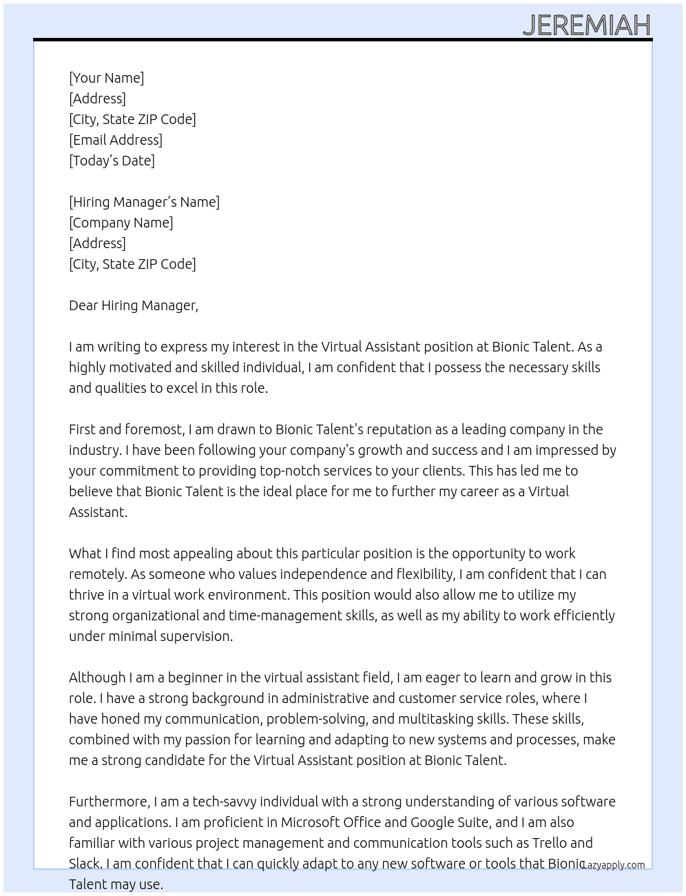 Virtual Assistant  At Bionic Talent Cover Letter