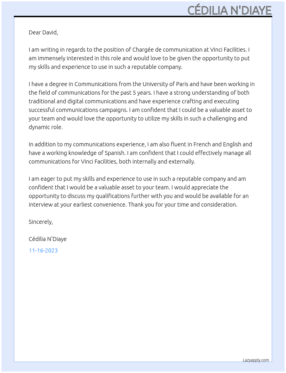 Chargée de communication At Vinci Facilities Cover Letter