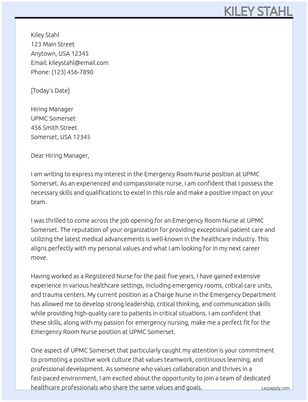 Emergency Room Nurse At UPMC Somerset  Cover Letter