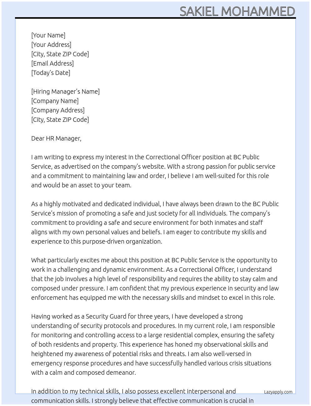 Correctional Officer At BC Public Service Cover Letter