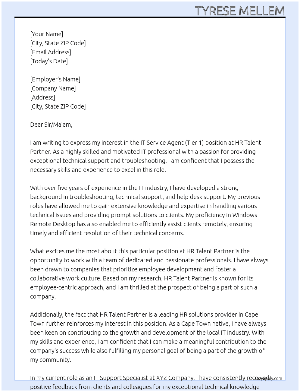 IT Service Agent (Tier 1) At HR Talent Partner Cover Letter