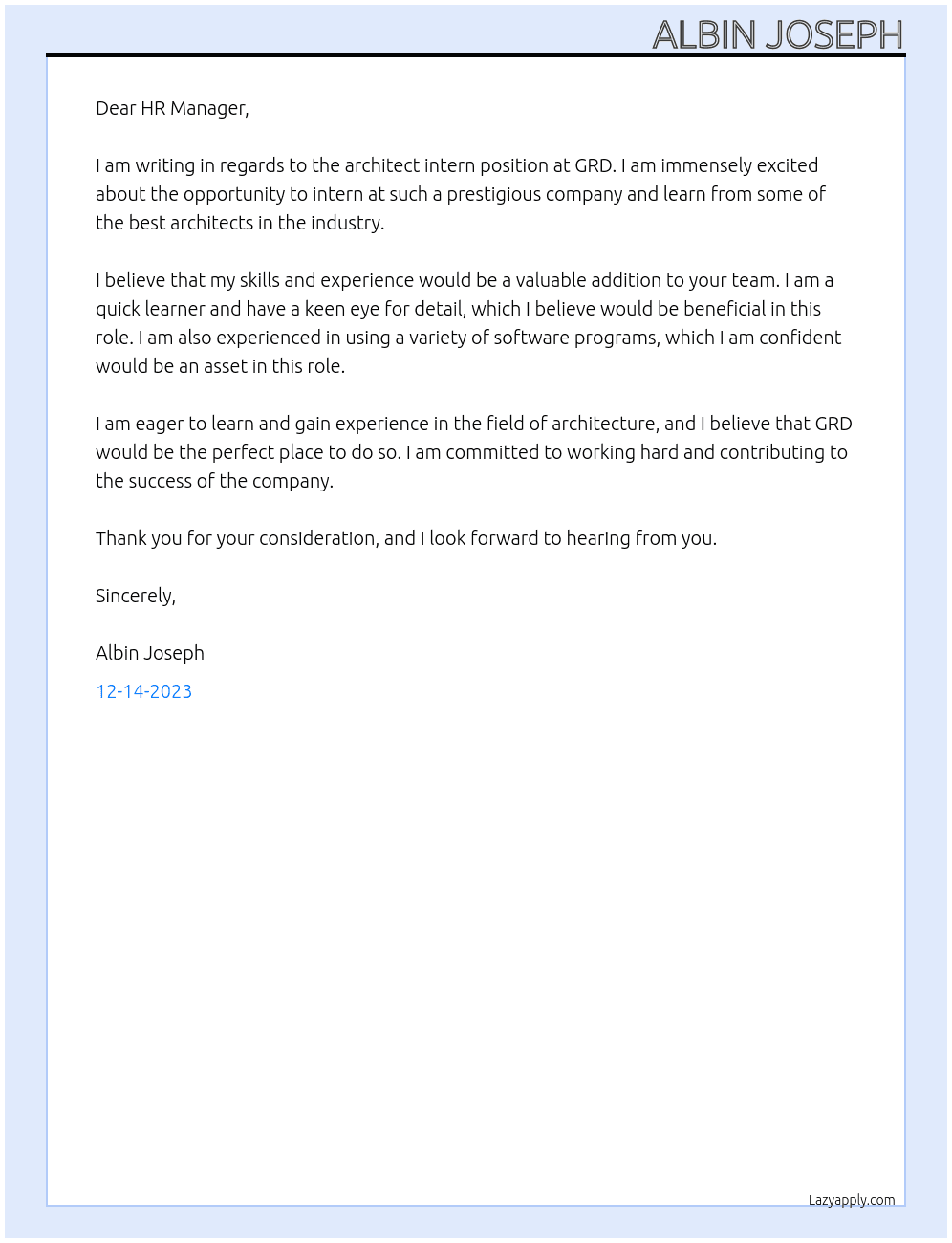 architect intern At GRD Cover Letter
