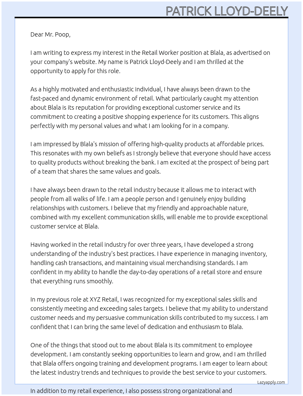 Retail worker At Blala Cover Letter