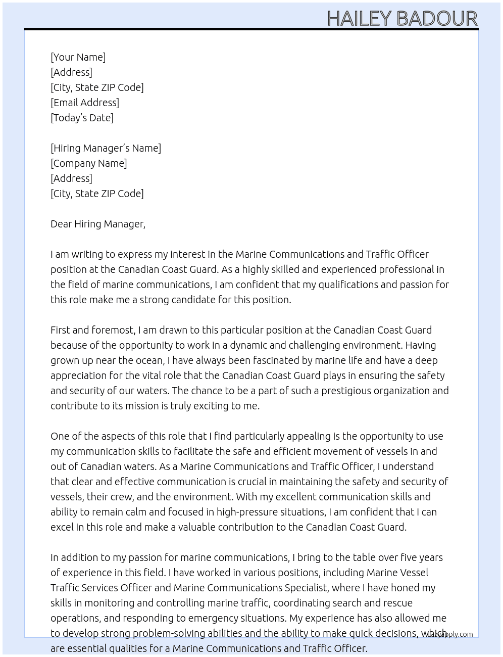Marine Communications and Traffic Officer At Canadian Coast Guard Cover Letter