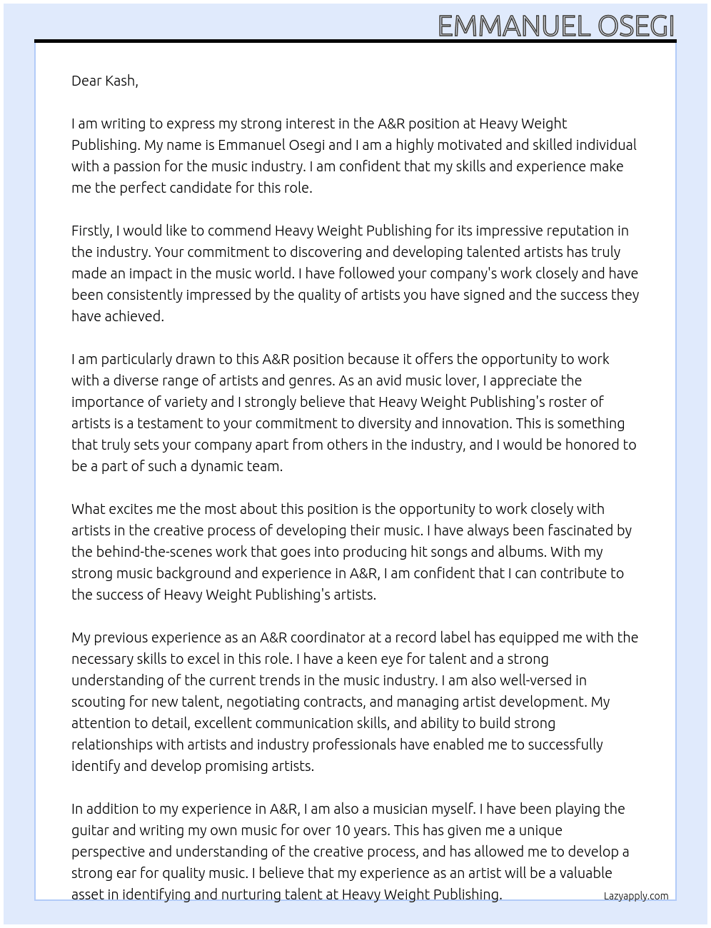 A&R At Heavy Weight Publishing Cover Letter