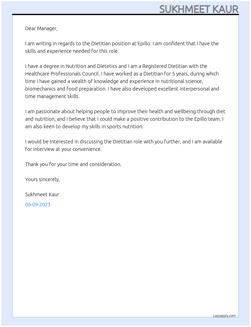 Dietitian  At Epillo Cover Letter