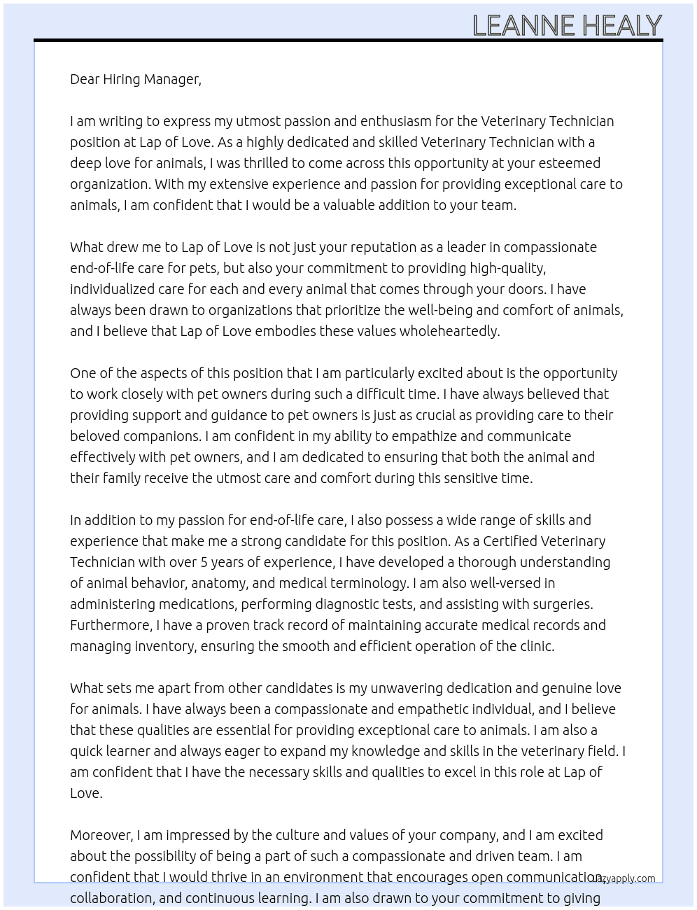 Veterinary Technician At Lap of Love Cover Letter