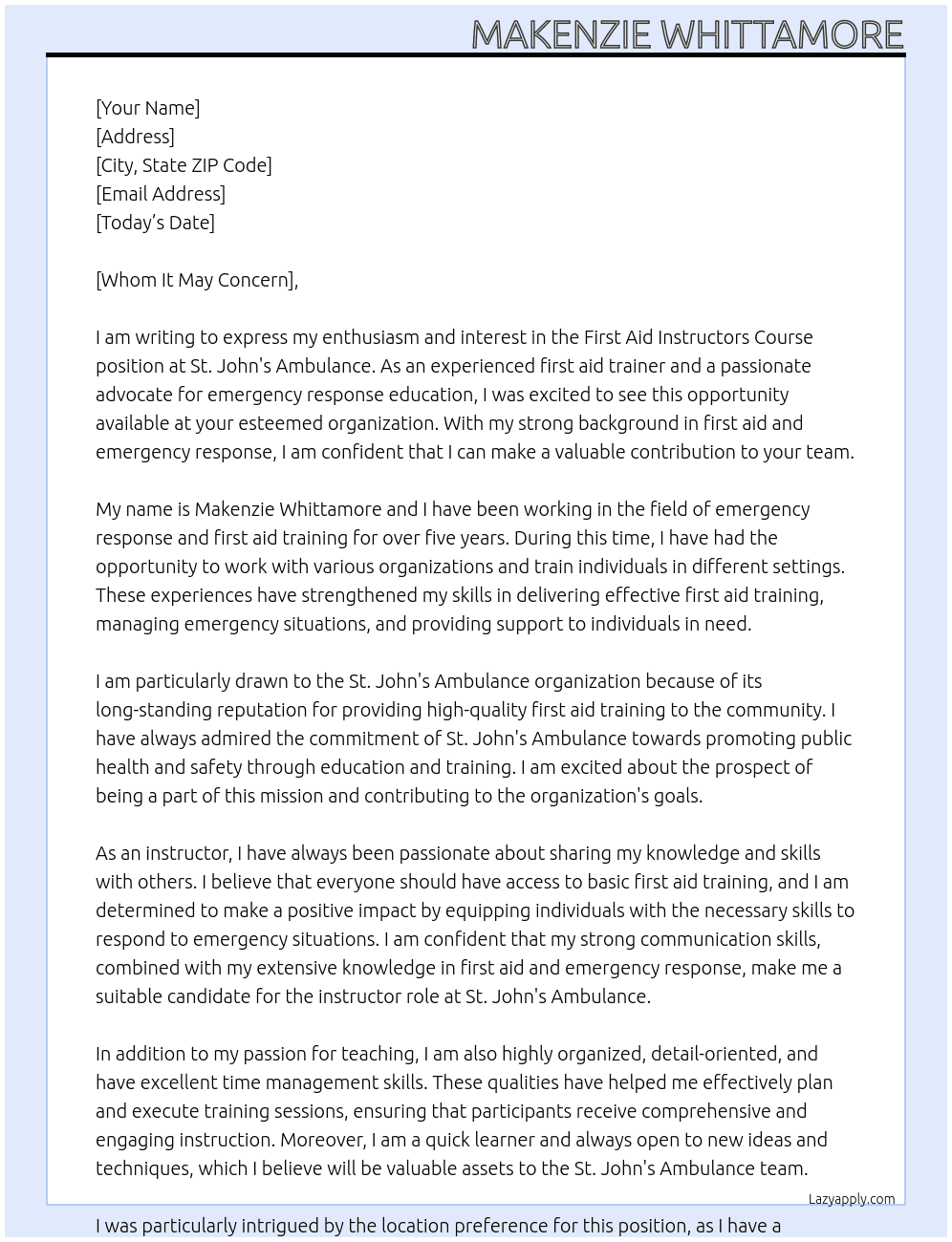 First aid instructors course At St Johns Ambulance Cover Letter