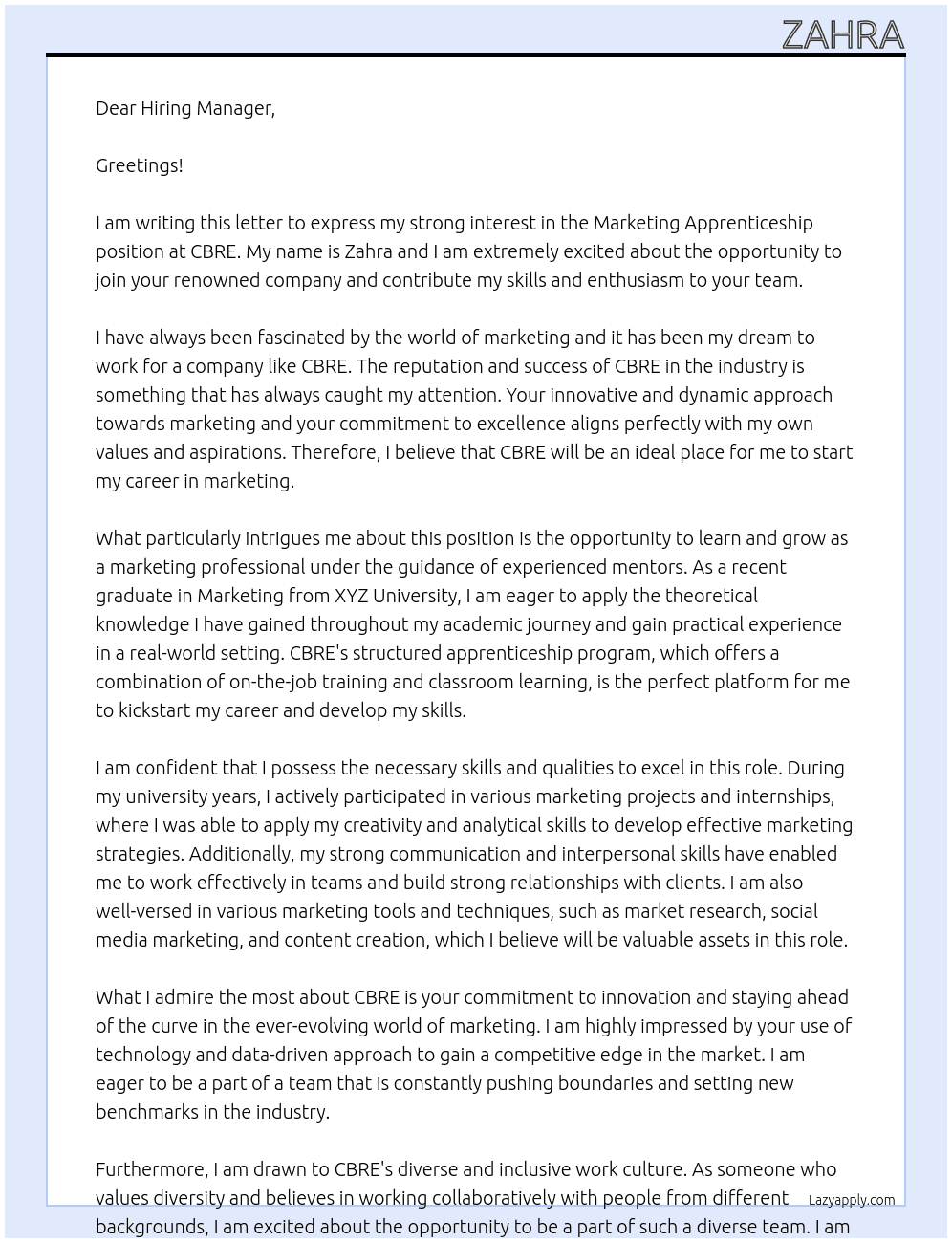 marketing apprenticeship At cbre Cover Letter