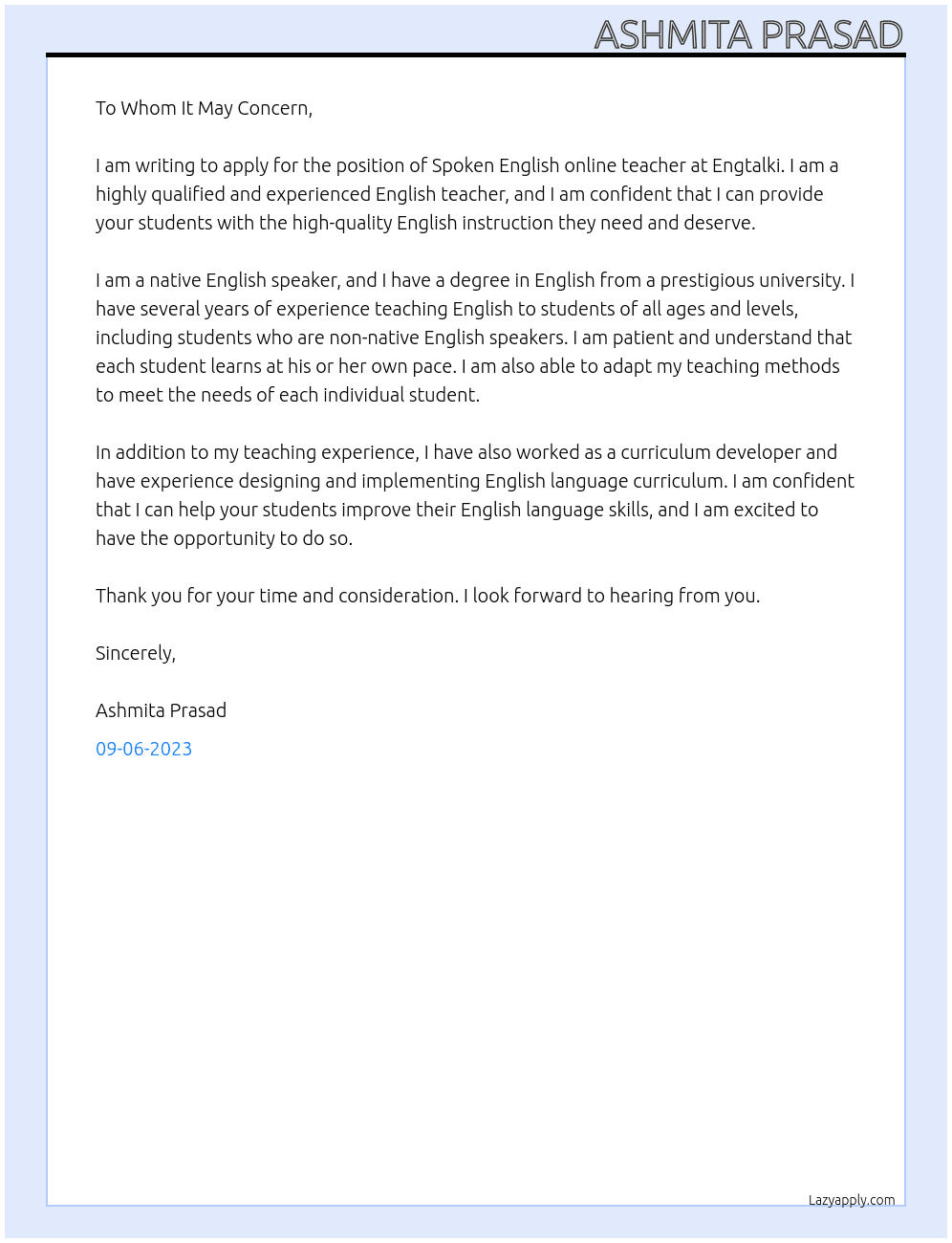 Spoken English online teacher At Engtalki Cover Letter