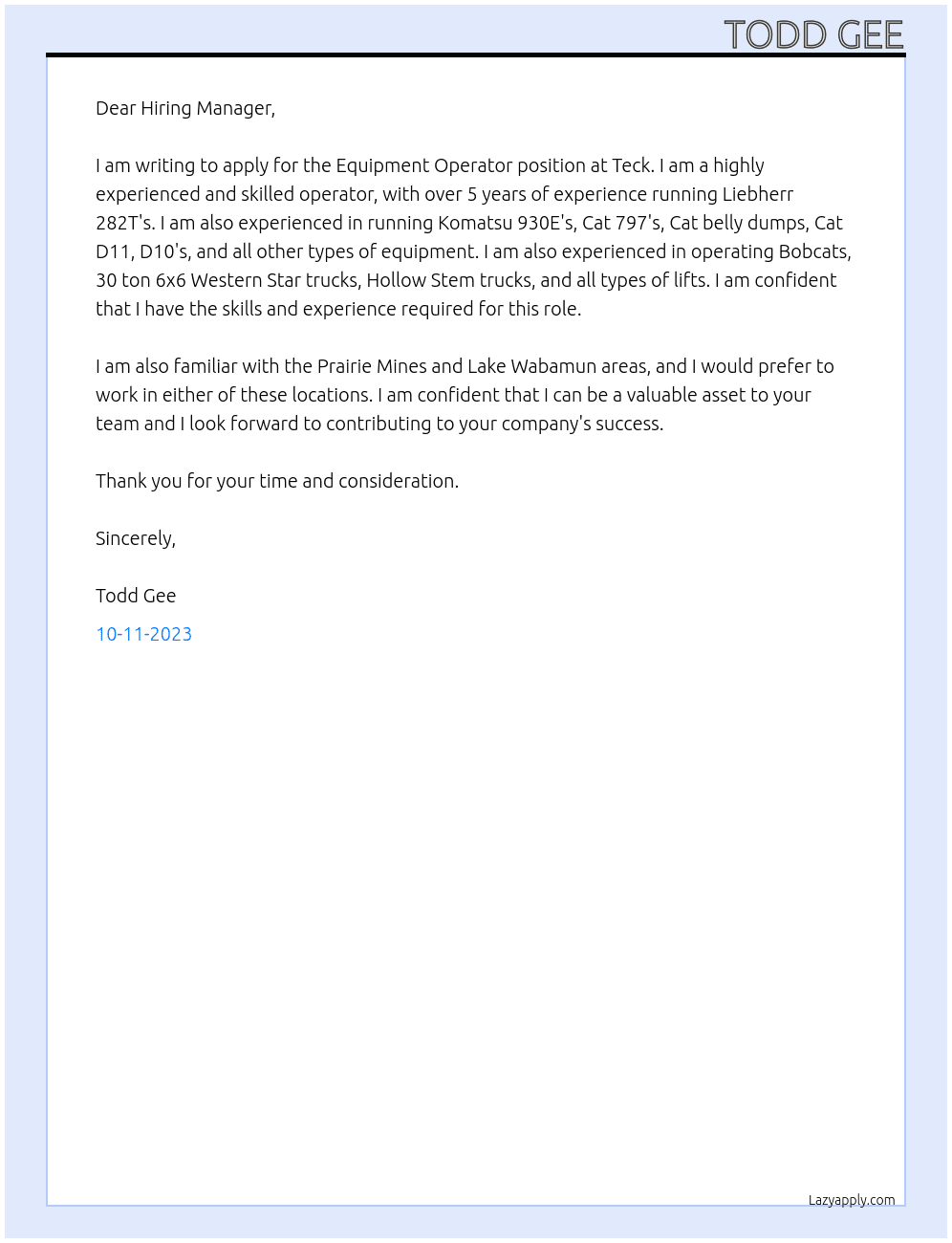 Equipment Operator At Teck Cover Letter
