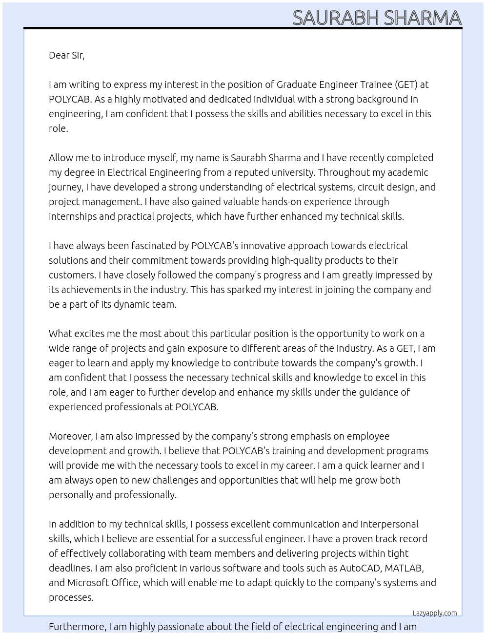 GET At POLYCAB Cover Letter
