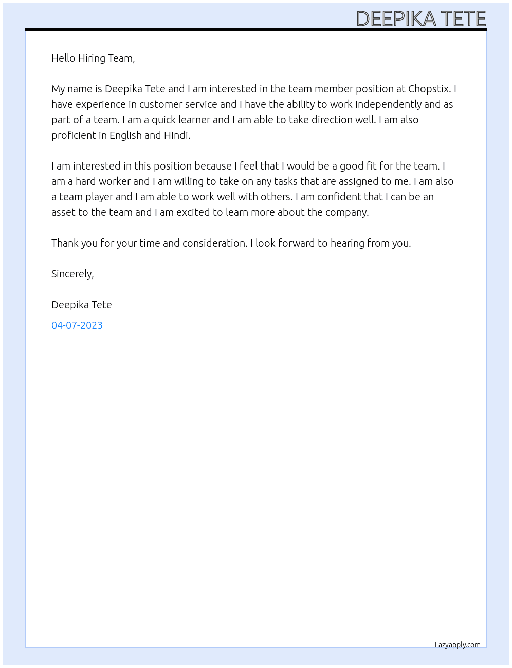 Team member At Chopstix Cover Letter