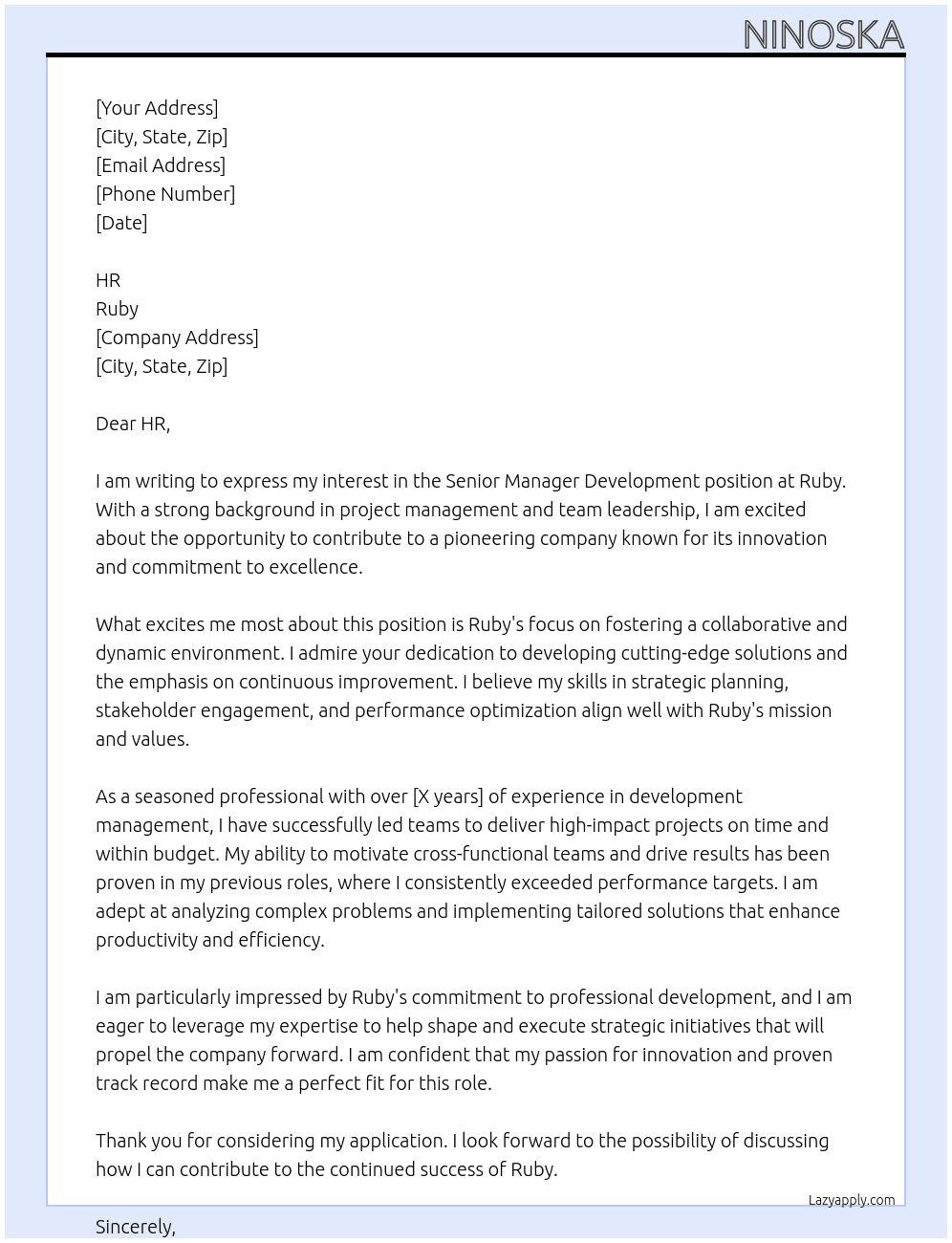 Senior Manager Development At Ruby Cover Letter