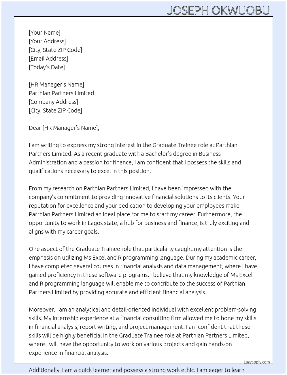 Graduate Trainee  At Parthian partners limited  Cover Letter