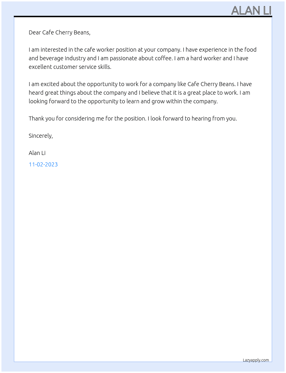 Cafe worker At Cafe Cherry Beans Cover Letter