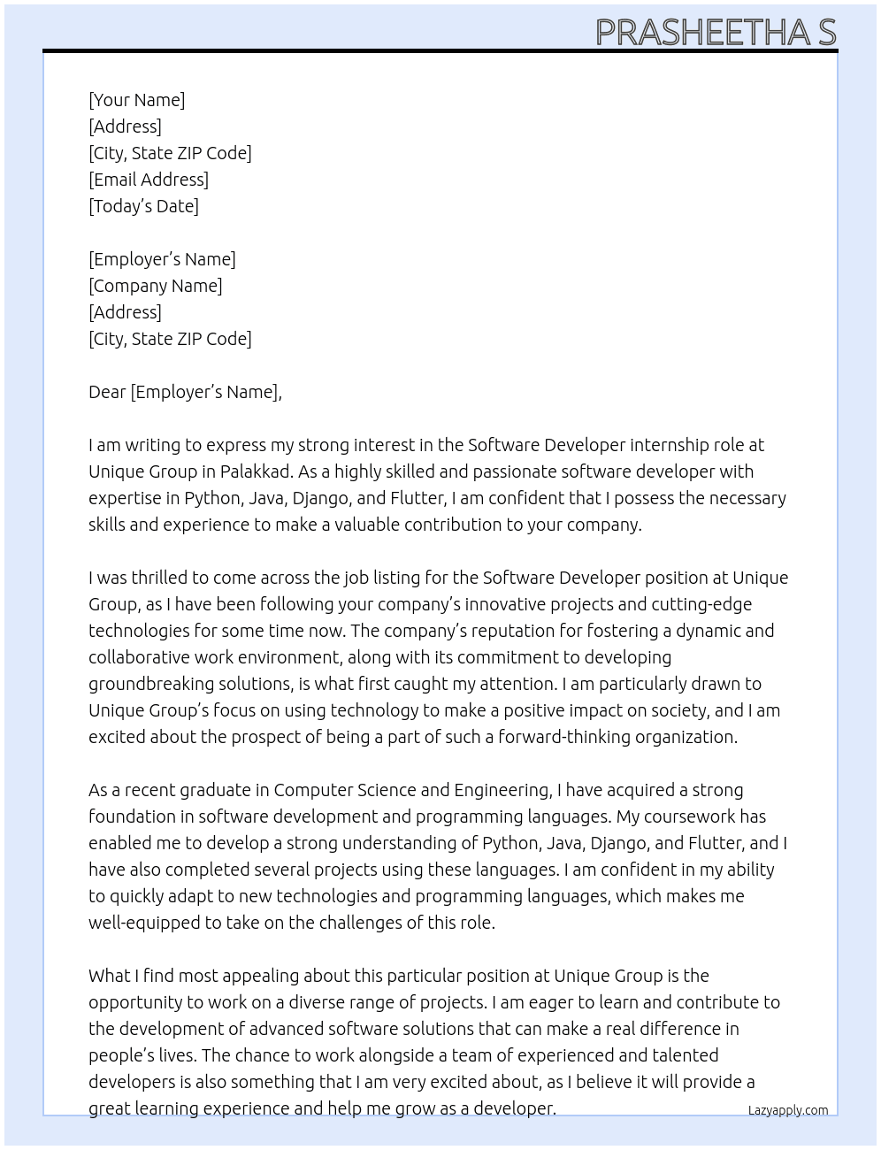 software developer At unique qroup Cover Letter