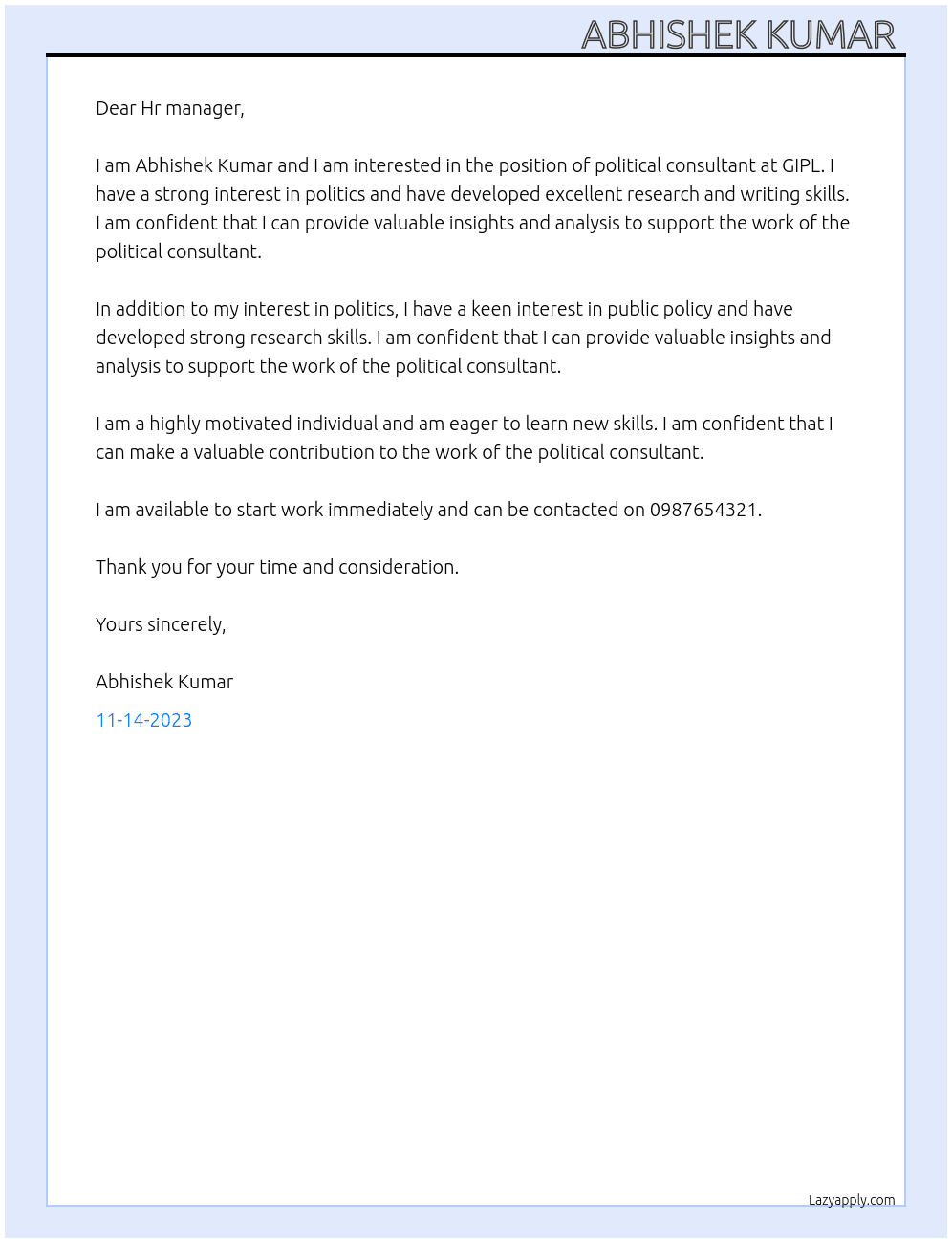 Political consultant  At GIPL Cover Letter