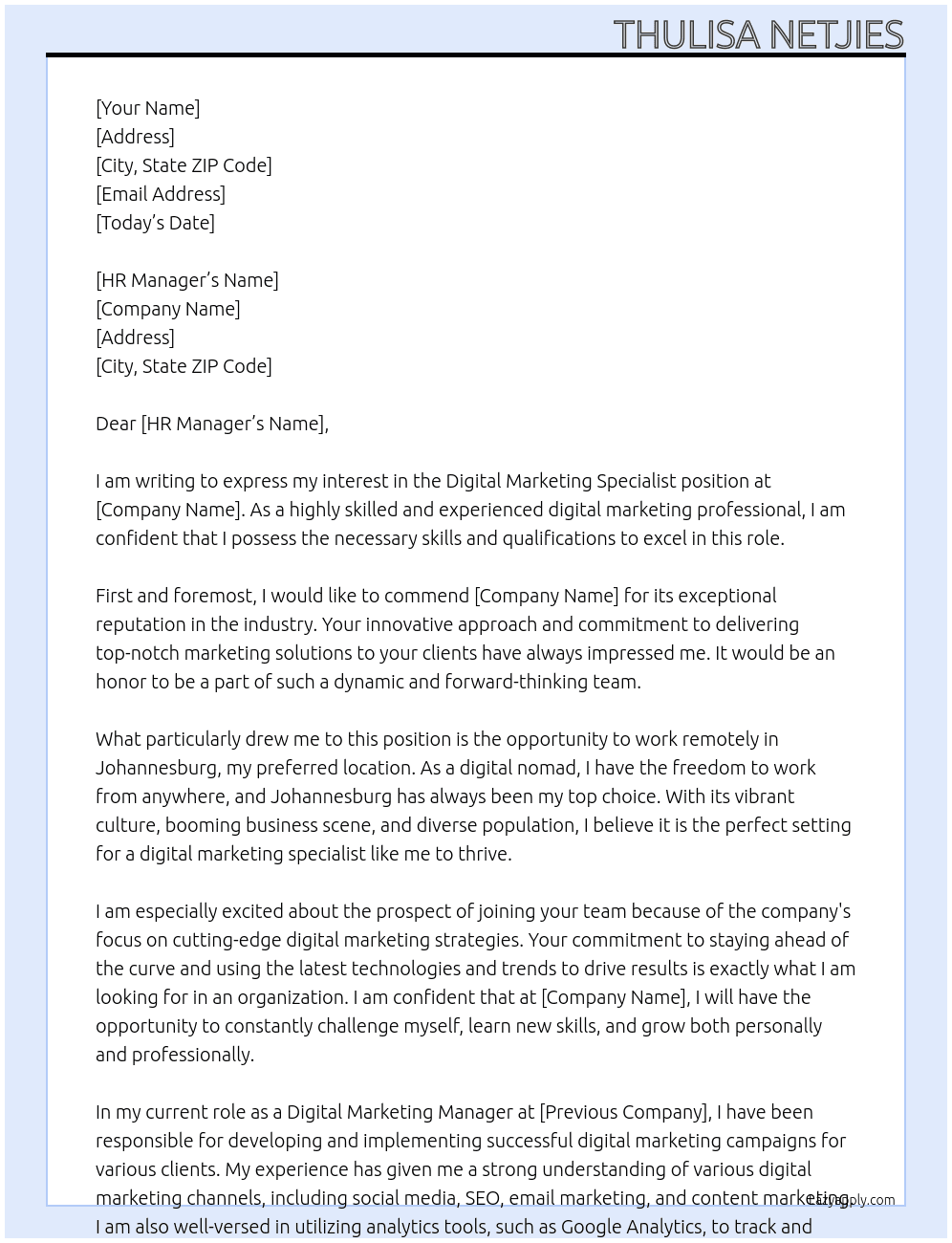Digital Marketing Specialist  At Marketing Director  Cover Letter
