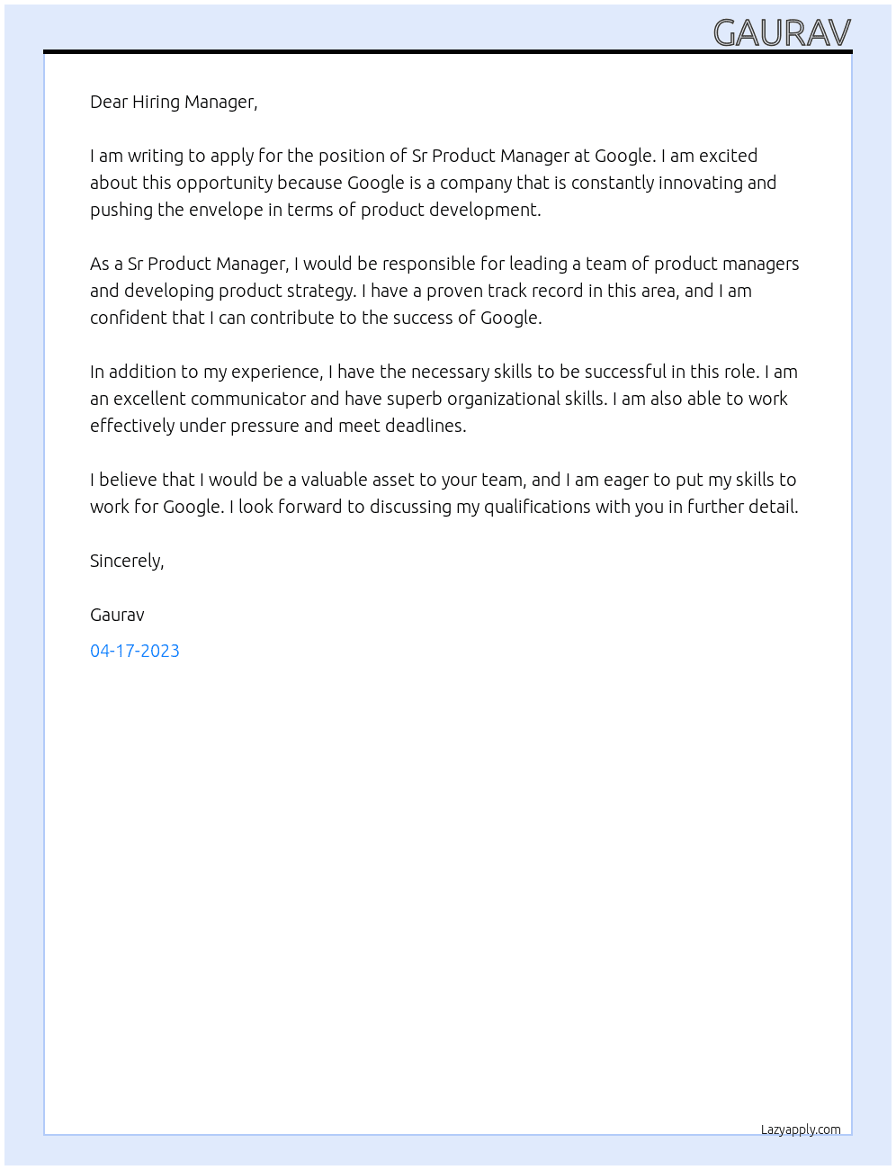 Sr Product Manager At googlw Cover Letter