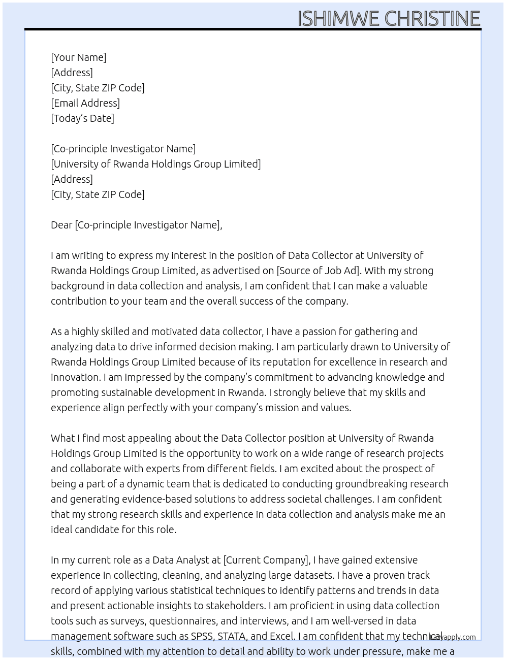 Data collector At University of Rwanda holdings group limited Cover Letter