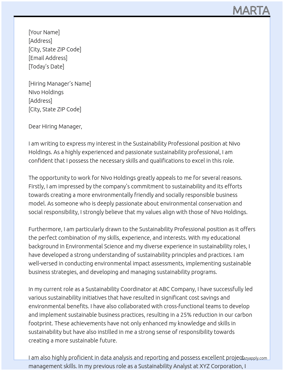 Sustainability professional At Nivo Holdings Cover Letter