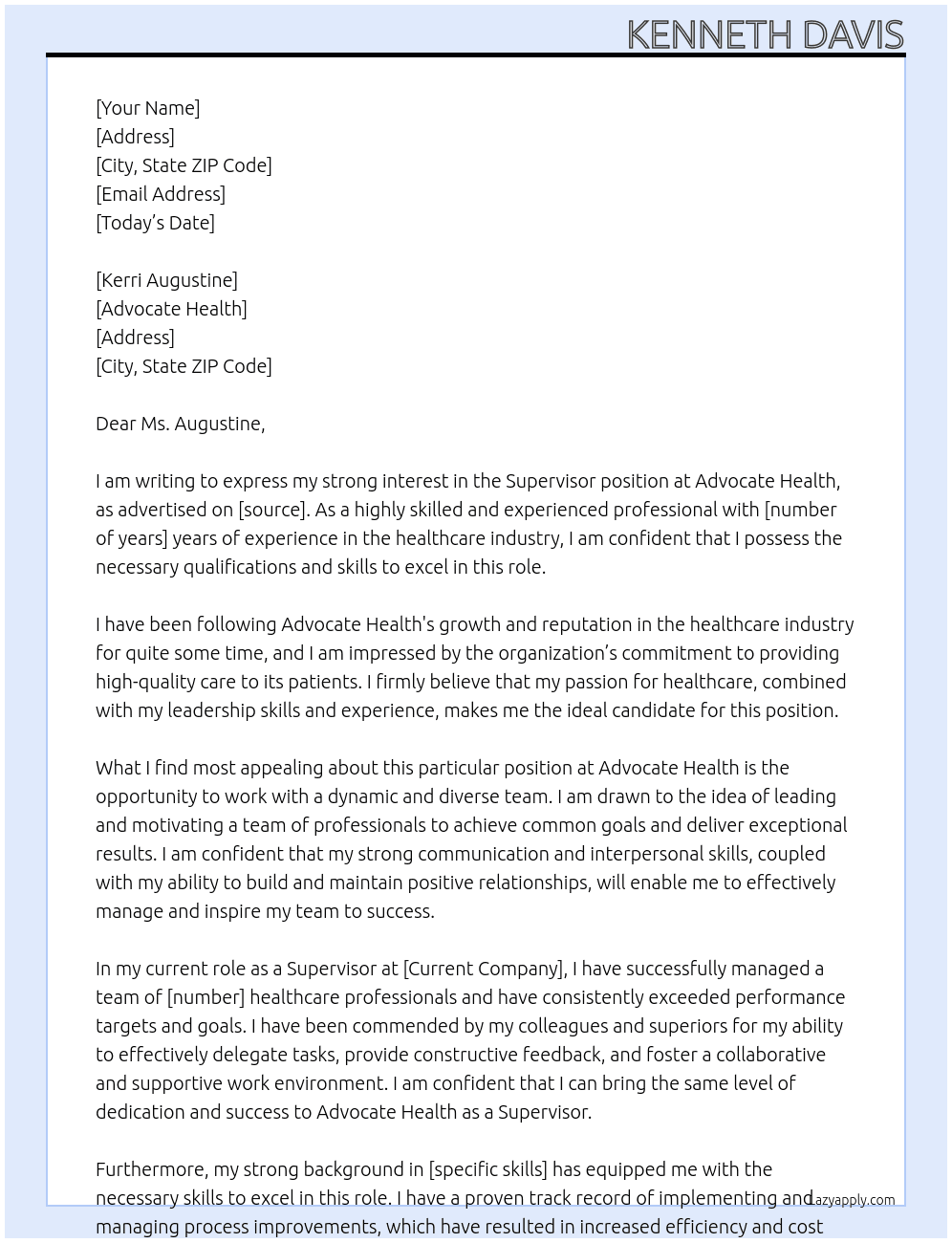 Supervisor At Advocate Health Cover Letter
