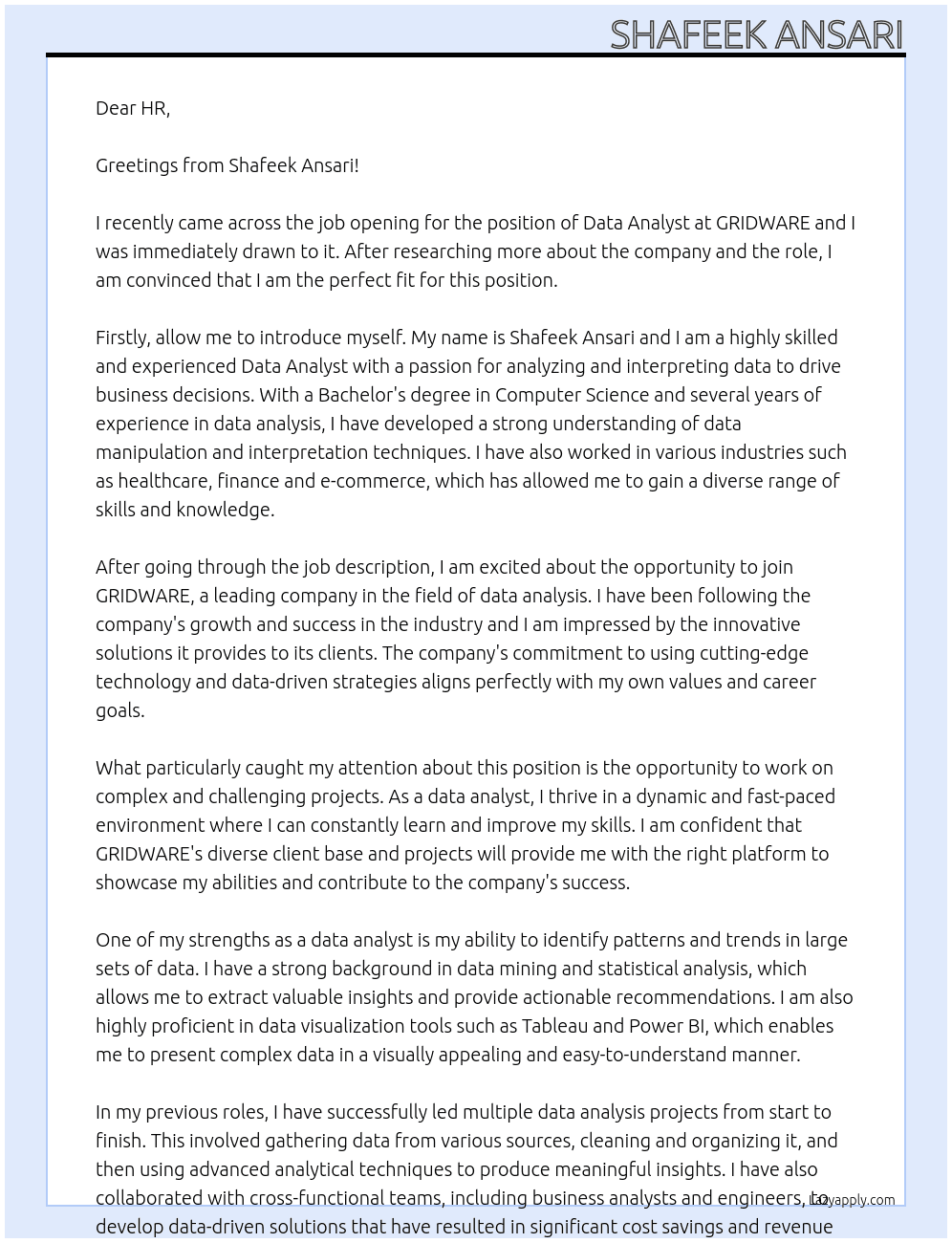 DATA ANALYST At GRIDWARE Cover Letter