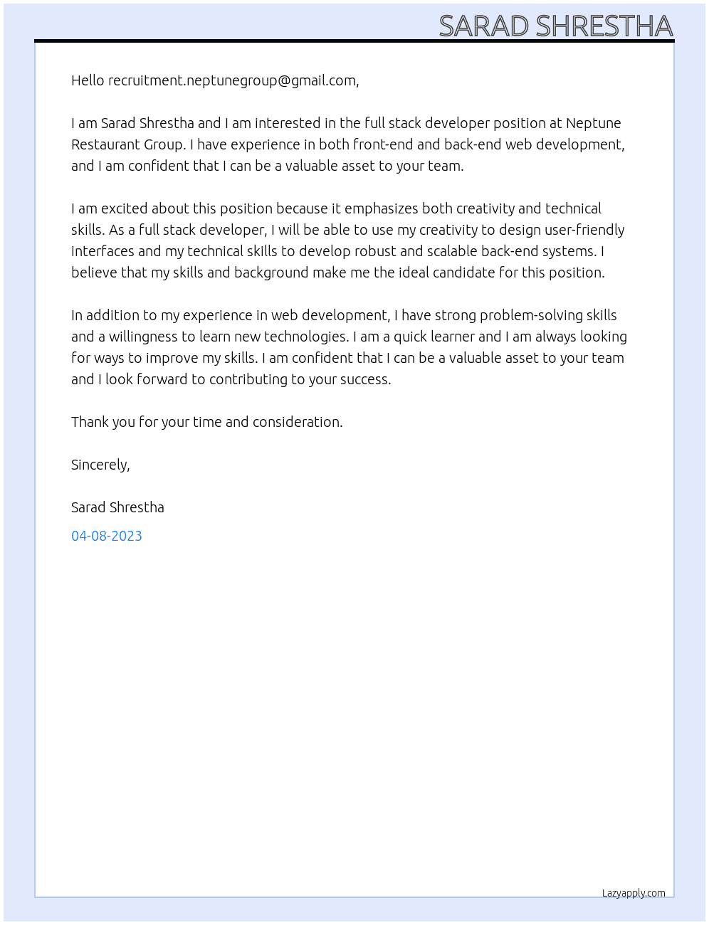 full stack developer At Neptune Restaurant Group  Cover Letter