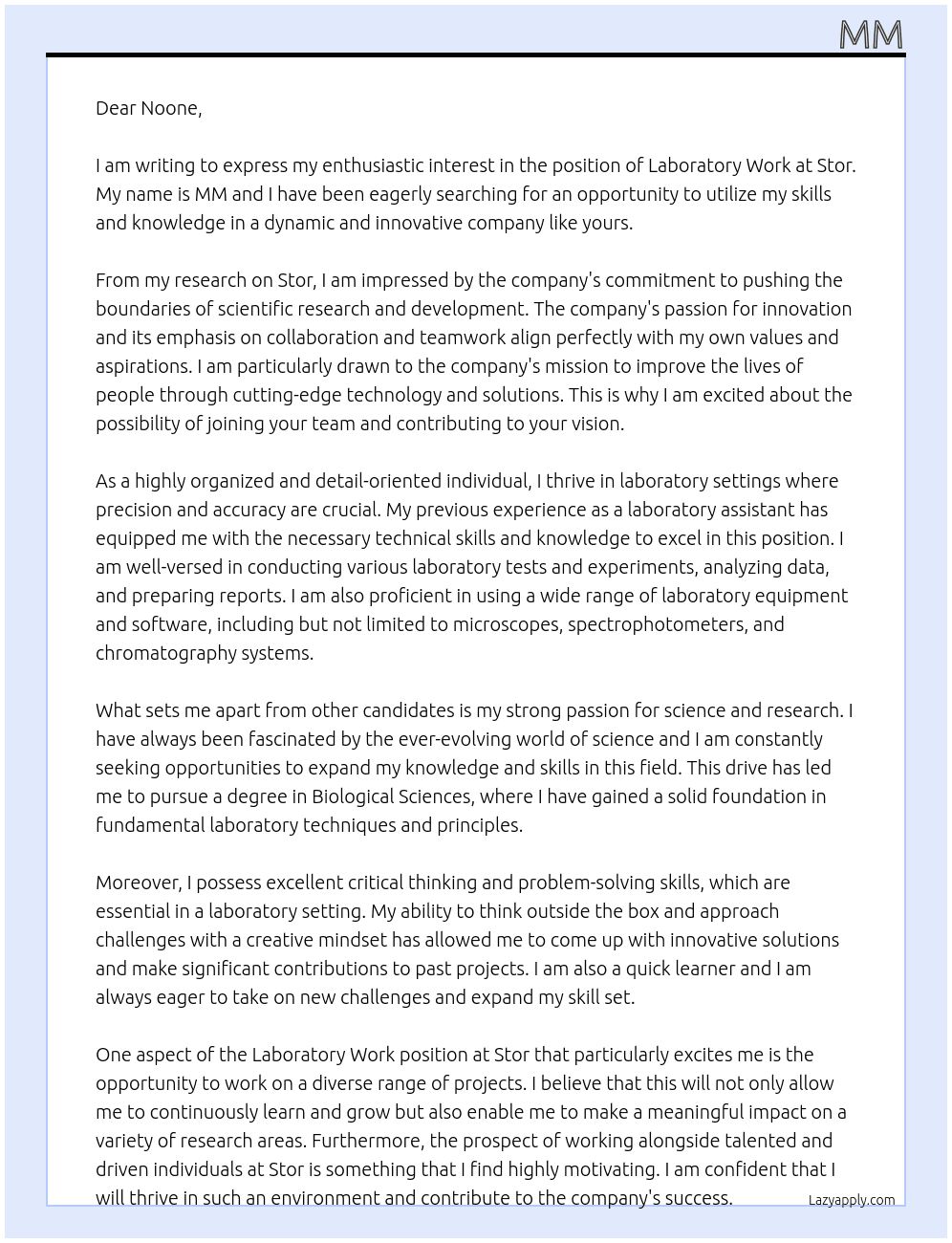 Laboratory work At stor Cover Letter