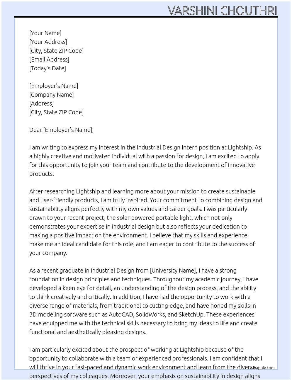 Industrial Design Intern At Lightship Cover Letter