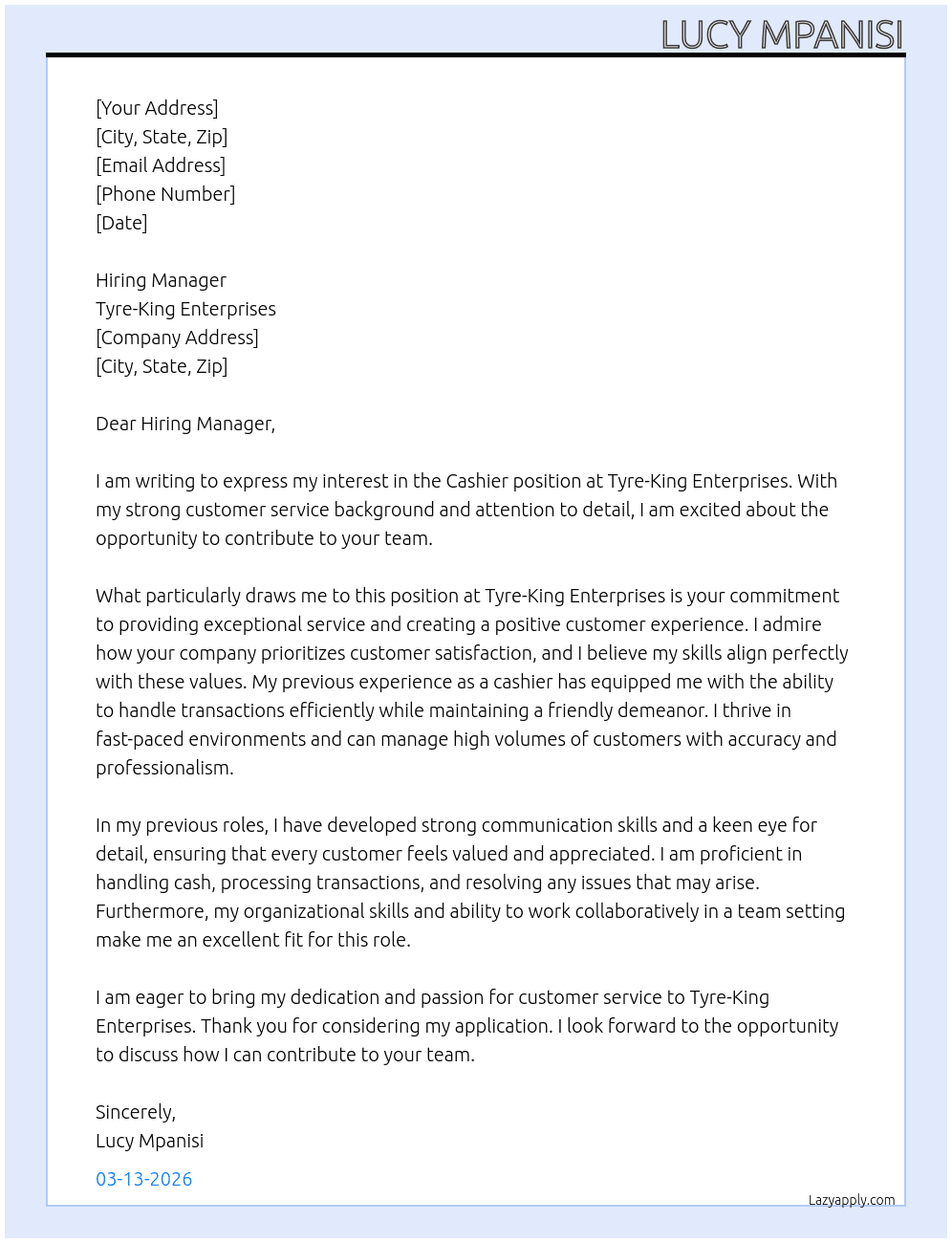 Cashier At Tyre-King Enterprises Cover Letter