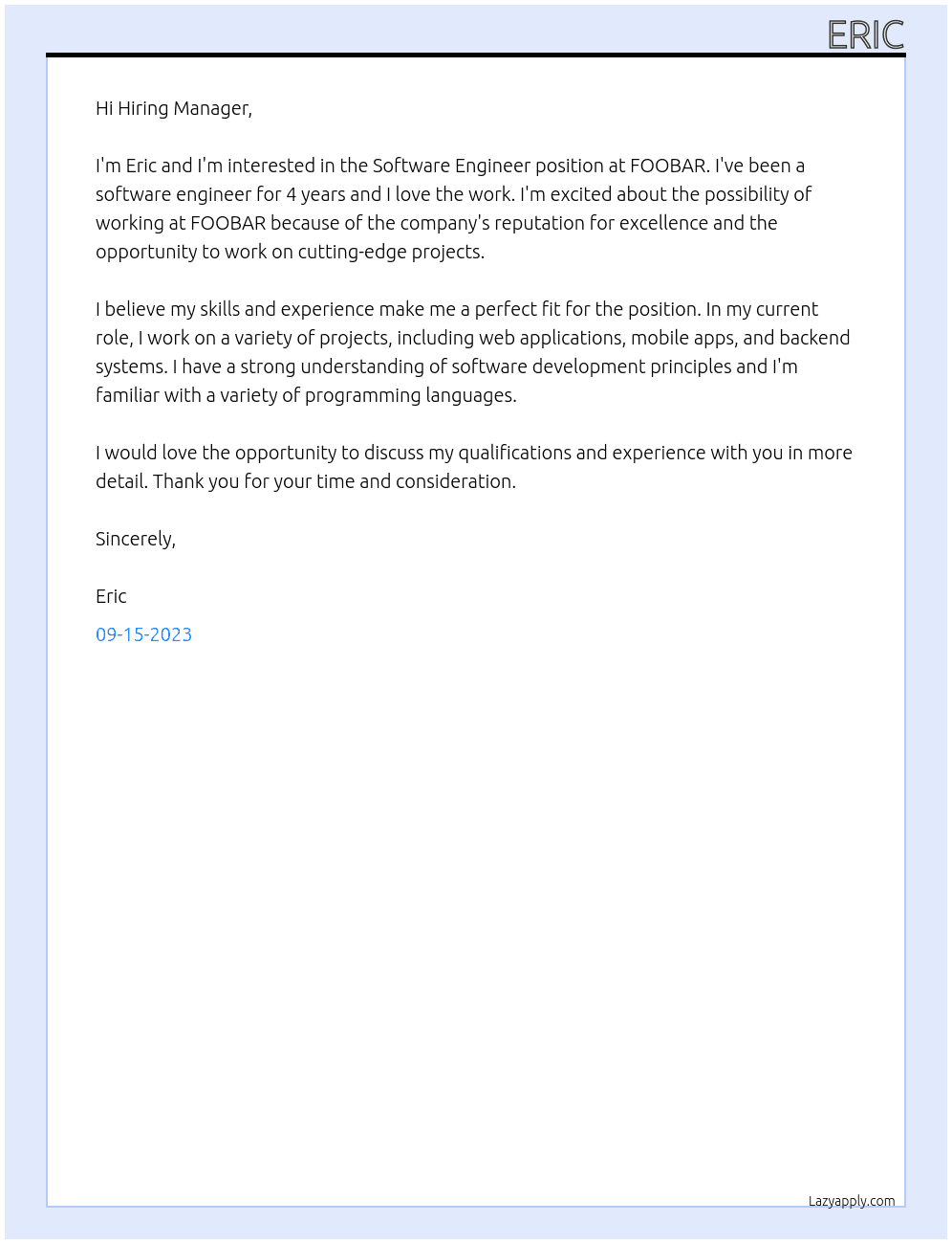 Software Engineer At FOOBAR Cover Letter