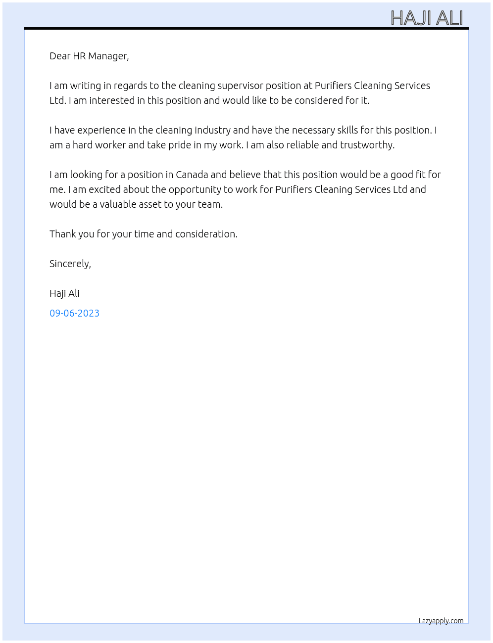 Cleaning supervisor  At Purifiers Cleaning Services Ltd. Cover Letter