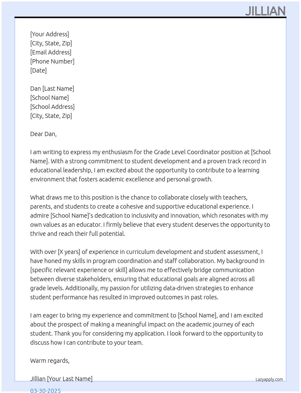 Cover letter for grade level coordinator - LazyApply