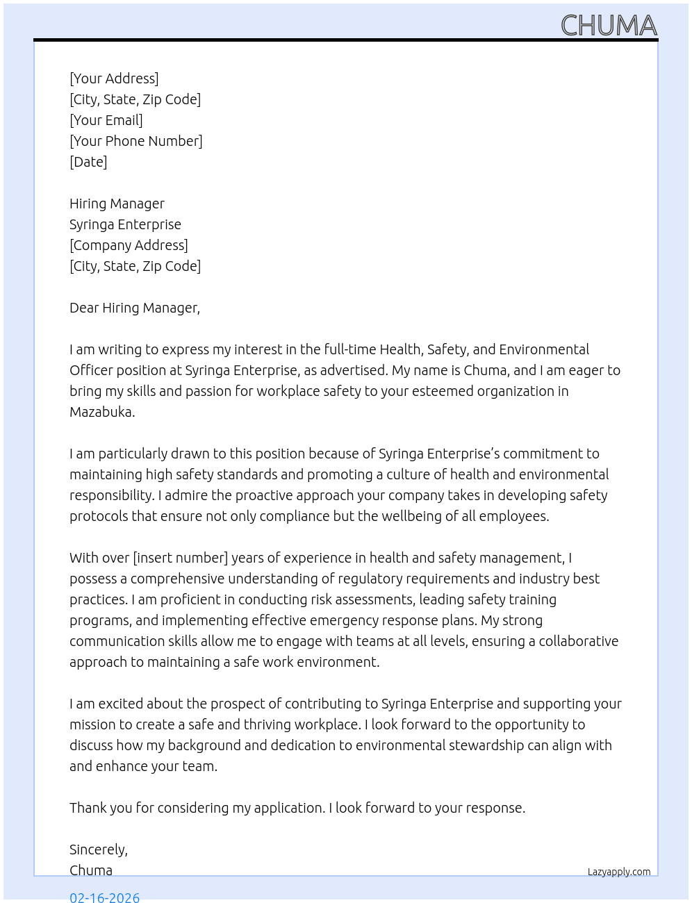 HEALTH , SAFETY AND ENVIRONMENTAL OFFICER At SYRINGA ENTERPRISE Cover Letter