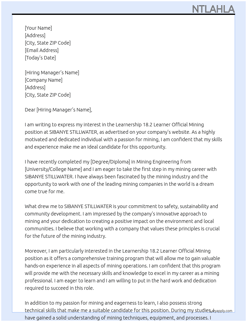 Learnership 18.2 Learner Official Mining At SIBANYE STILLWATER Cover Letter