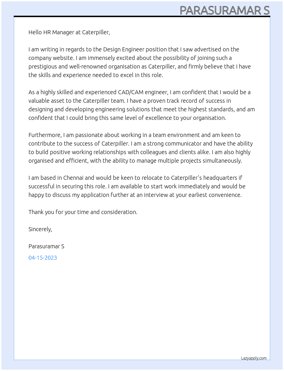 Design Engineer At Caterpiller Cover Letter