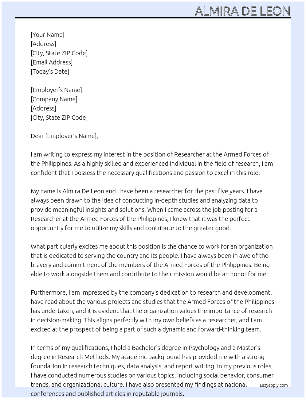 Resesarcher At Armed Forces of the Philipines Cover Letter
