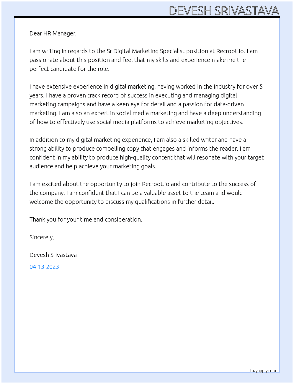 Sr Digital Marketing Specialist At Recroot.io Cover Letter