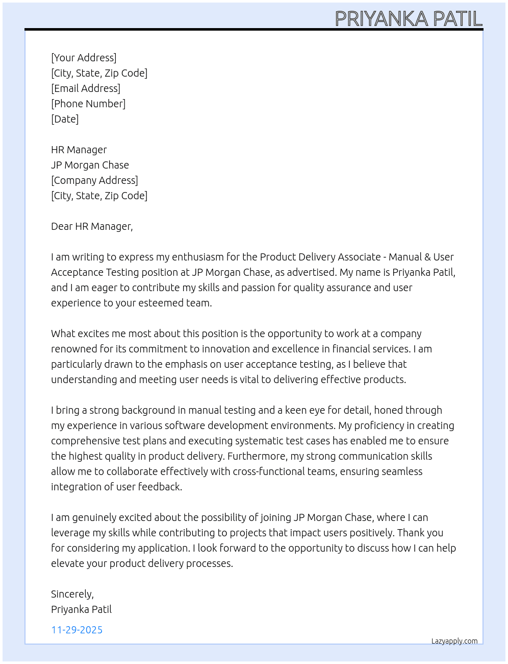 Product Delivery Associate - Manual & User Acceptance Testing At JP Morgan Chase Cover Letter