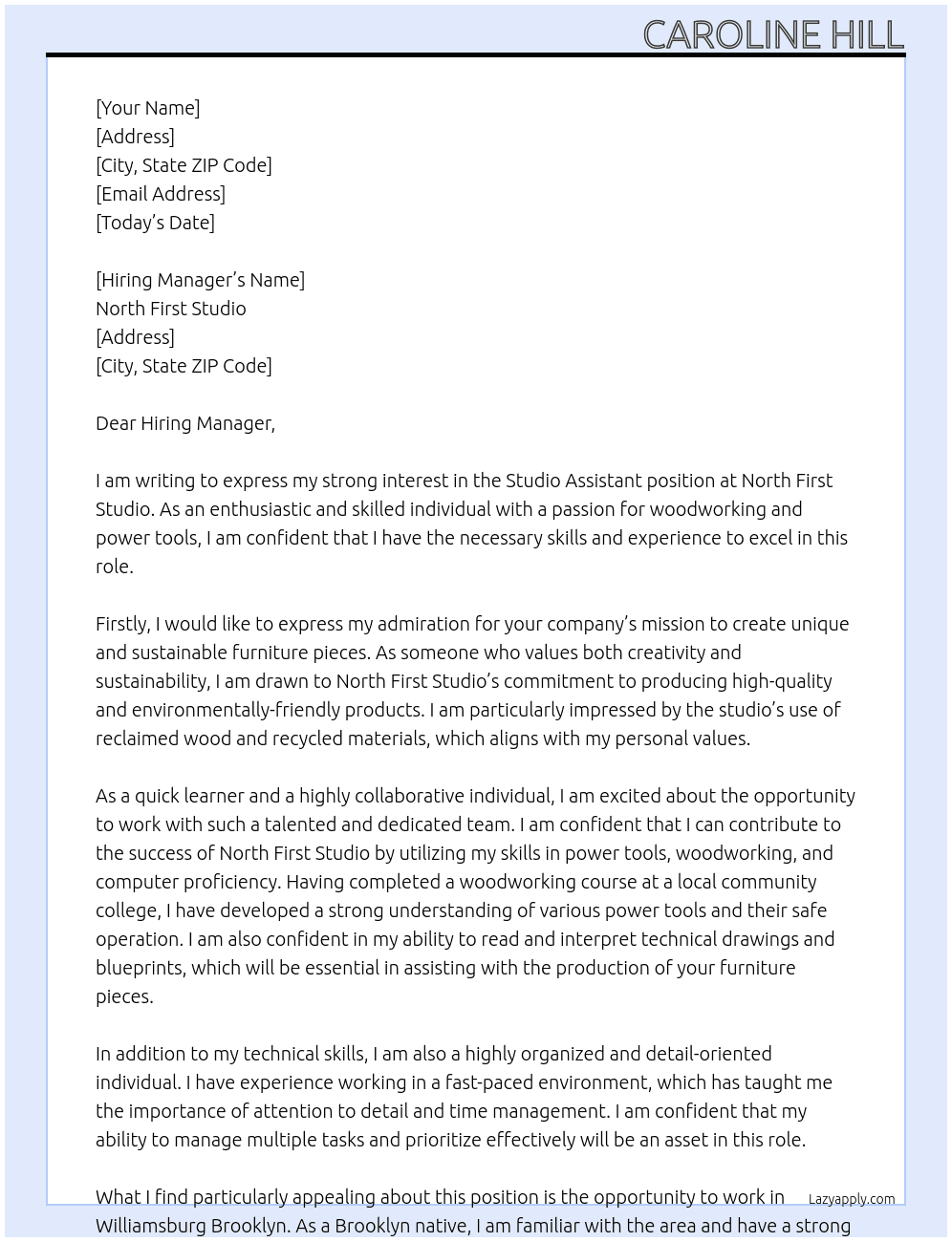 Studio Assistant At North First Studio Cover Letter